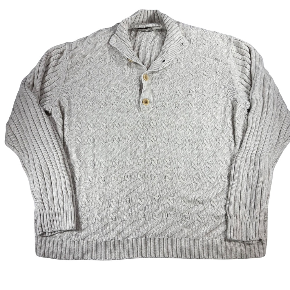 Perry Ellis Mens XL Beige Shawl Collar Button Cable Knit Silk Blend Sweater VTG